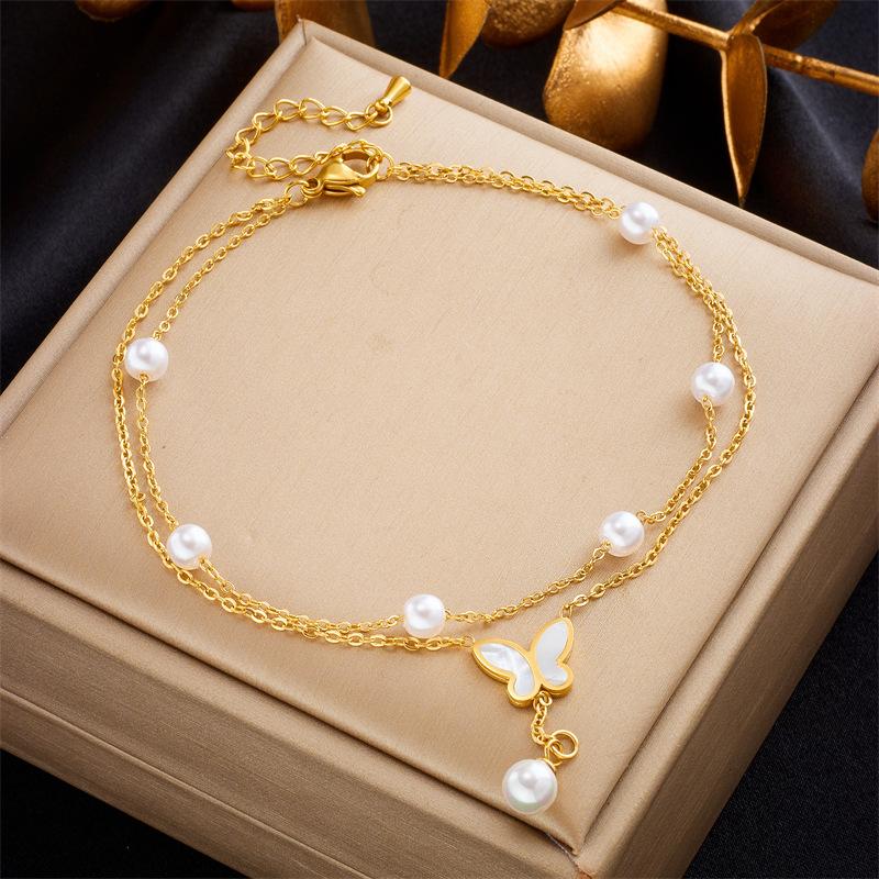 Gold Butterfly Pearl Double Layer Anklet Delicate Foot Chain Anklet for Women Summer Beach Jewelry