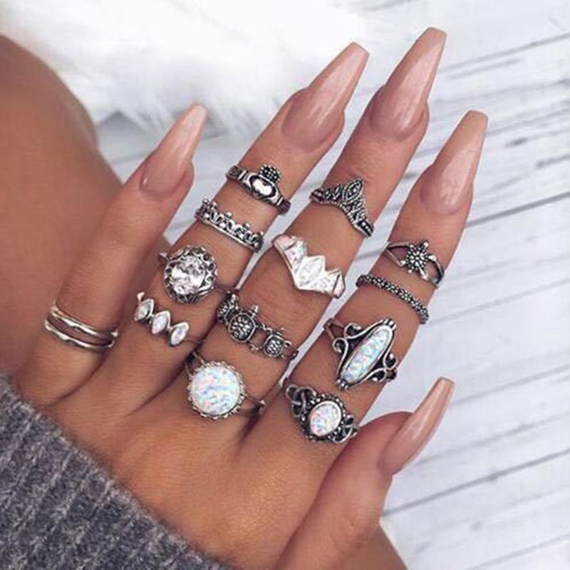 Fashion Women Carved Starry Sky Rhinestone Knuckle Rings Set 14 In 1