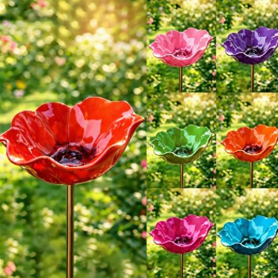 Handmade Metal Bird Feeder Garden Stake with Pollinator Water Station Bird