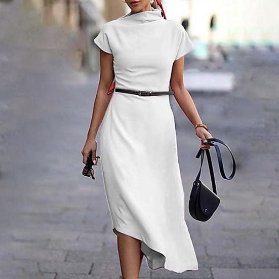 Lady Dress Solid Color Short Sleeve Half High Collar Tight Waist Oblique Hem Office Dress Female Clothes