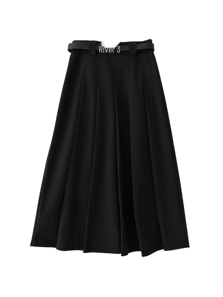 Women's Plus Size High Waist A-Line Woolen Pleated Skirt for Pear Shape, Mid-Length, Slimming Hips Cover