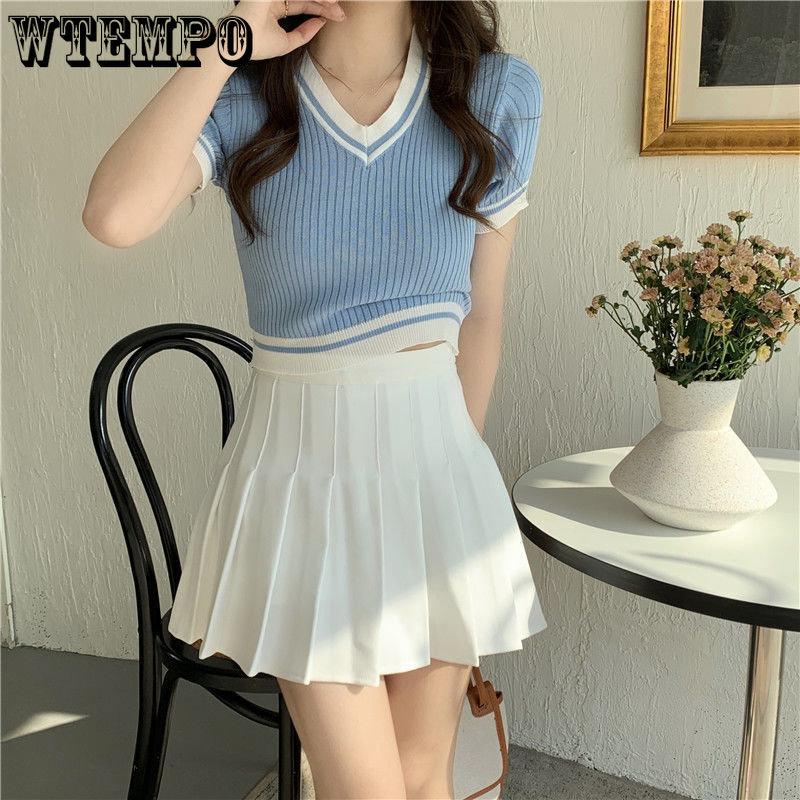 WTEMPO Dame V-hals Kortermet Stripete T-skjorter Dame Chic Vintage Sommer Ins Koreansk Strikket Slim Cropped Topper