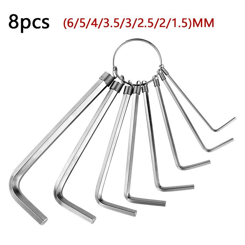 Multipurpose Hex Wrench Set with Flat Head, Screw Tool, Hanging Bag, and Spring Ring. 8pcs Keyring Hex Wrench Set