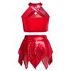 Girls Jazz Dance Costume Cross Keyhole Sparkly Sequins Metallic Crop Top Asymmetric Skirt Performance Set