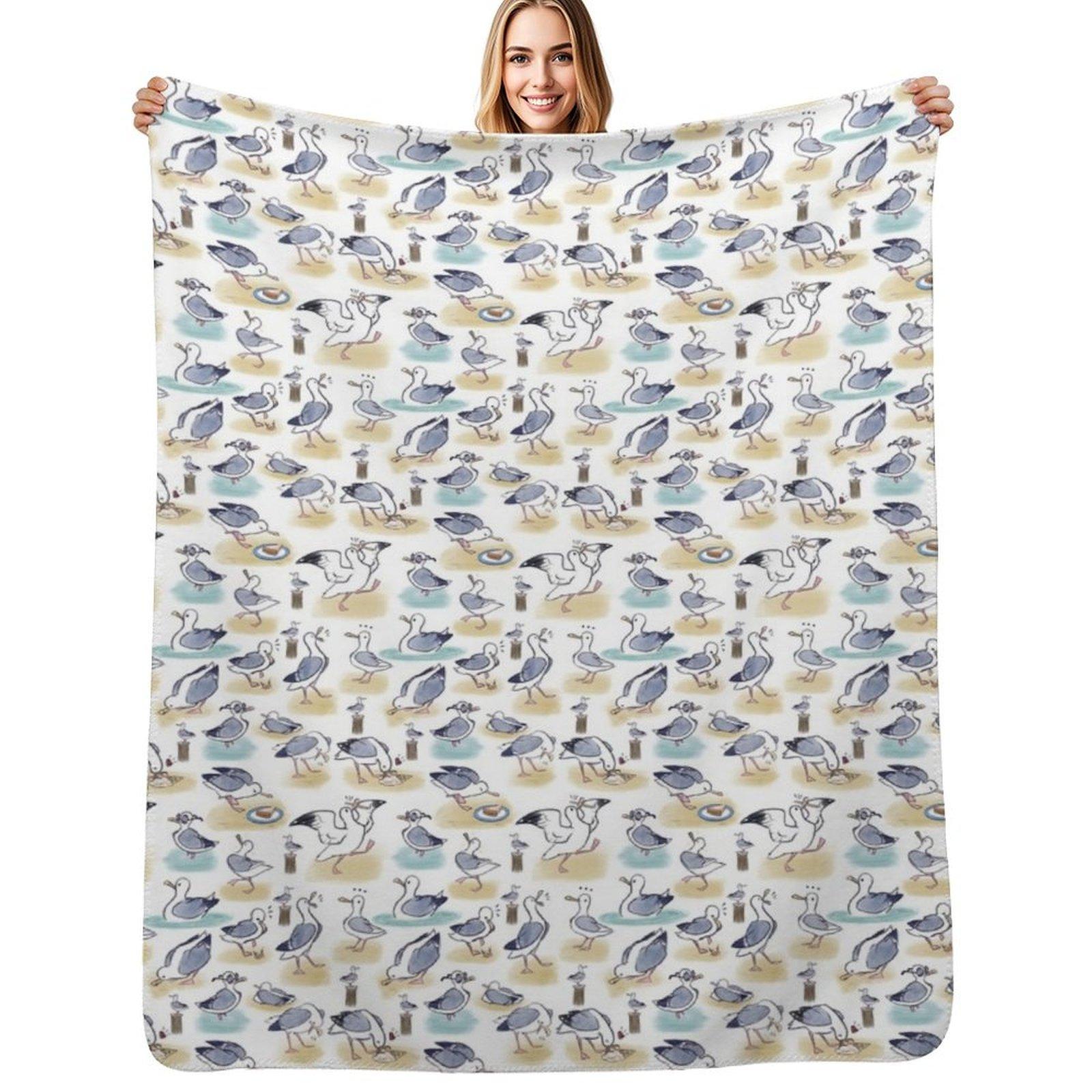 Comical Seagull pattern- beach bois Throw Blanket Thin Soft Blanket for Summer Night Sleeping Size: 75*100cm, Weight: 230 GSM