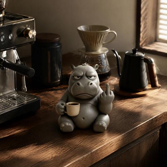Sculture Animali da Scrivania Compatte Media?Figurina Ippopotamo con Tazza da Caffè, Statuetta Divertente in Resina, Ornamenti Minimalisti Originali per Scrivania per