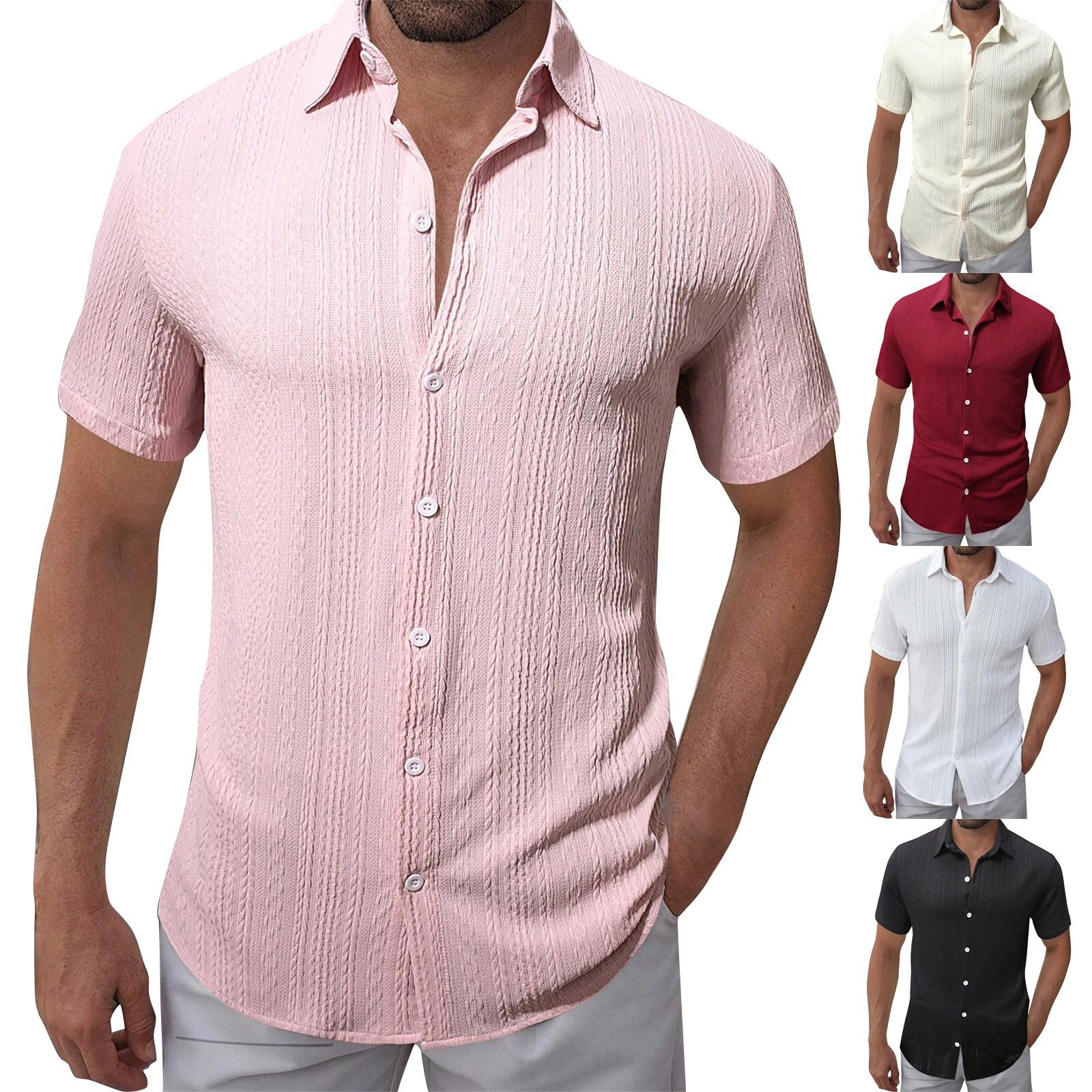 

Men s Solid Color Texture Casual Loose Button Lapel Short Sleeve Shirt M чорний