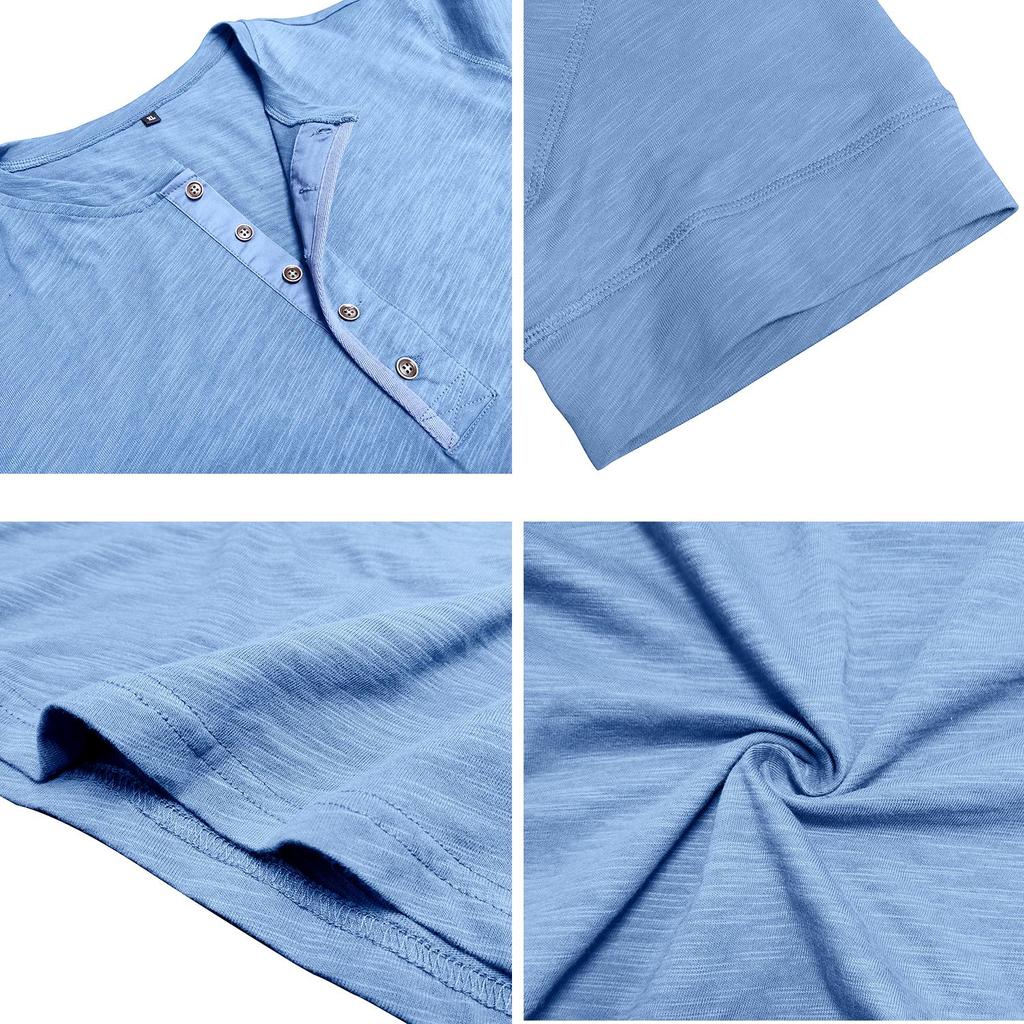 Men’s T-shirts Henley Collar Short Sleeves Cotton Polo Shirts Solid Color Casual Tops