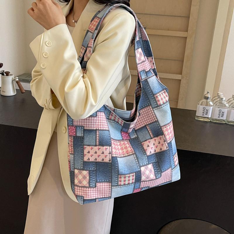 Large Checkered Canvas Tote Bag With Retro White Brown And Plaid Pink Design Street Style Chic