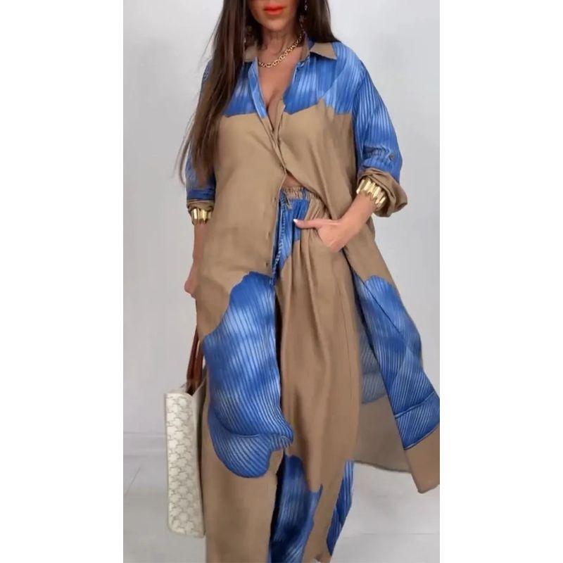 2025 European and American Print Women Cardigan Print Top and Pants Commuter Leisure Set