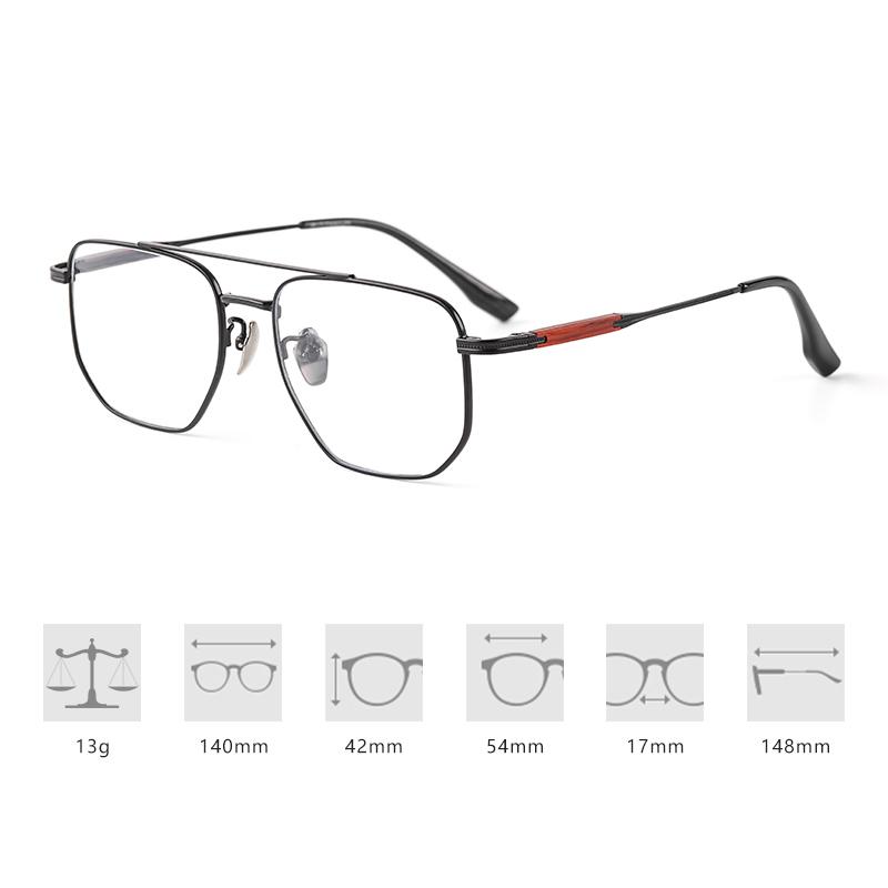 Pure Titanium Frame Sandalwood Inlaid Temple Pilot Double Beams Glasses Big Size Ultra Light  Frame Men's And Women's Eyewear