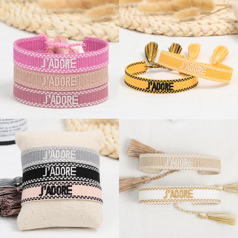 Pulseira Tecida Europeia e Americana de 1,3 cm com Bordado de Letras e Borla