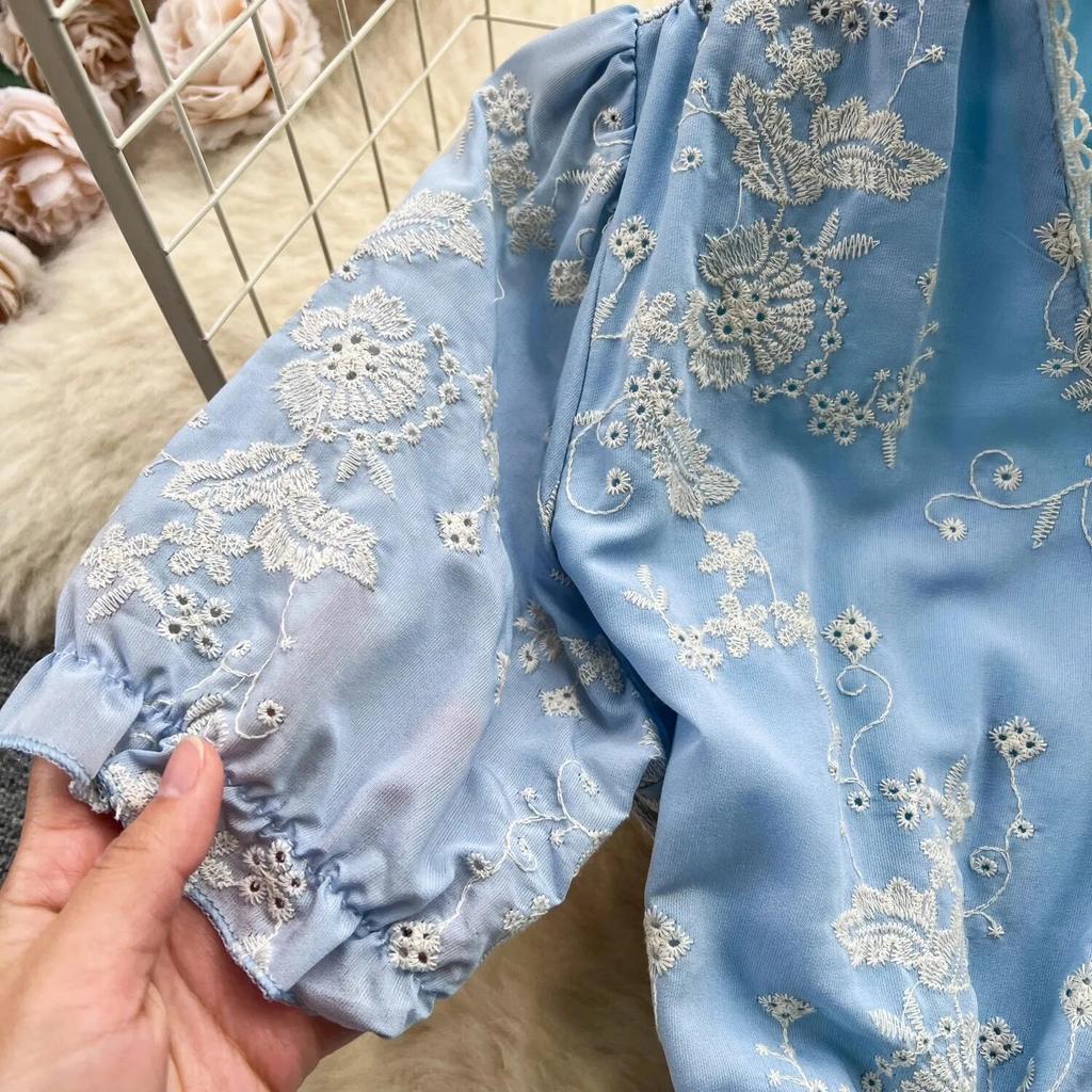 Summer Elegant Holiday Flower Embroidery Beach Dresses For Women V Neck Short Sleeve Robe A Line Party Birthday Dress