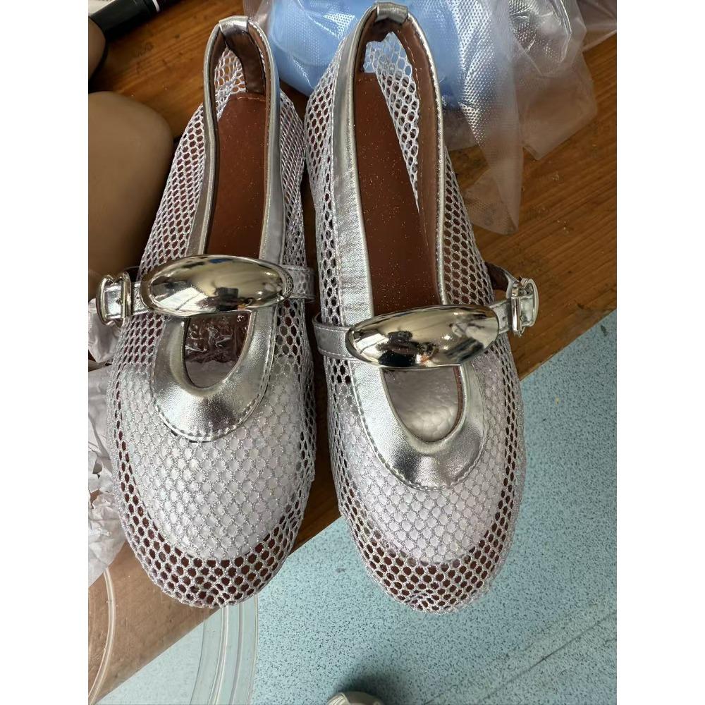 Plus Size Women Round Toe Fishnet Hollow Out Flat Sandals, New Spring Summer European Style Breathable Casual Sandals