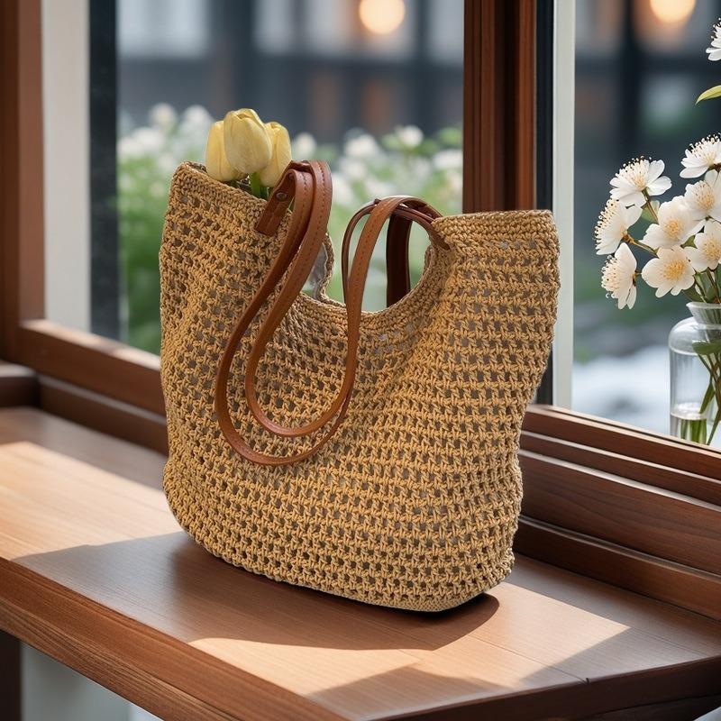 Summer Straw Woven Bag Women's New Cotton Thread Woven Bag Large Capacity Shoulder Bag Messenger Bag Handbag