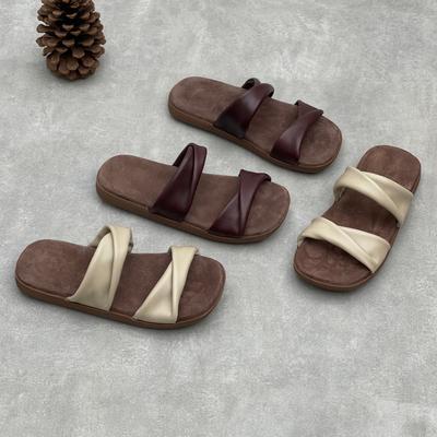 Genuine Leather Soft Soled One-piece Women's Flat Slippers Retro Handmade Peep Toe Slip-on Shoes