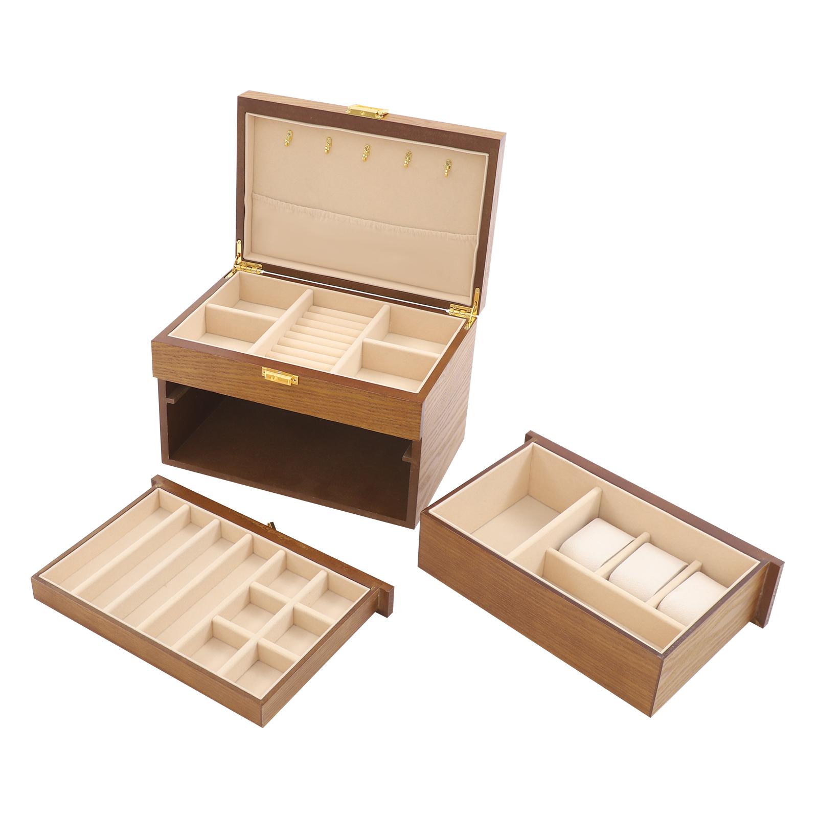 

Деревянный ящик для украшений, 3-уровневый большой органайзер для украшений для женщин, для колец, ожерелий, серег, браслетов, органайзер-витрина