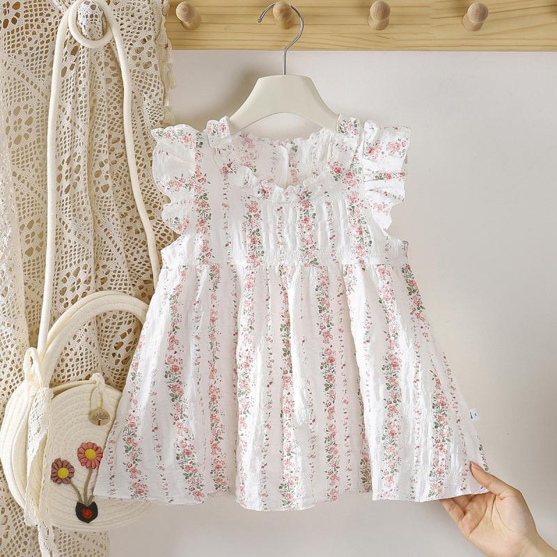 Baby Mädchen buntes Blumenmuster Kleid ärmellos Rüschenkragen Kleinkind Sommer lässig A-Linie Baumwollkleid für Kinder Kleidung