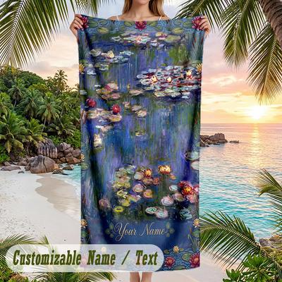 Water Lilies Reflections 1 Theme Quick Dry Beach Towel Custom Name Text Print Large Sand Resistant Towel Beach Vacation
