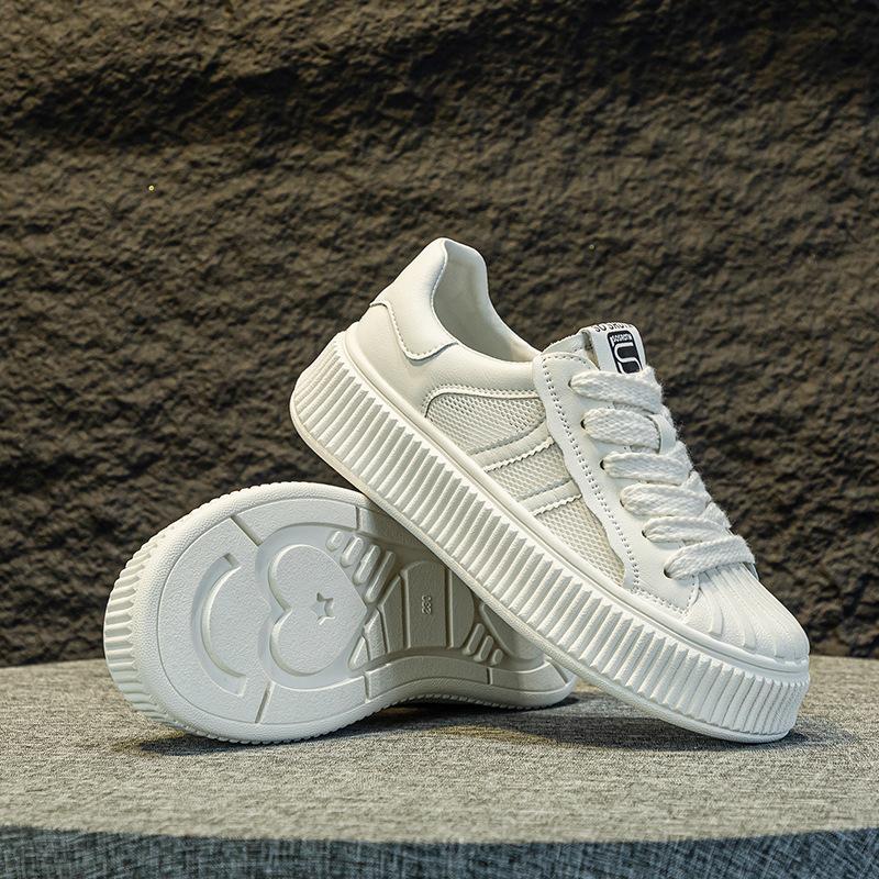 thick-soled little white shoes women's spring and summer new versatile casual board shoes shell head leather mesh flat-soled biscuit shoes