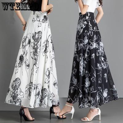 Summer Retro Black Printed Chiffon Half Length Skirt High Waist A-line Long Skirt Large Floral Umbrella Skirt for Women