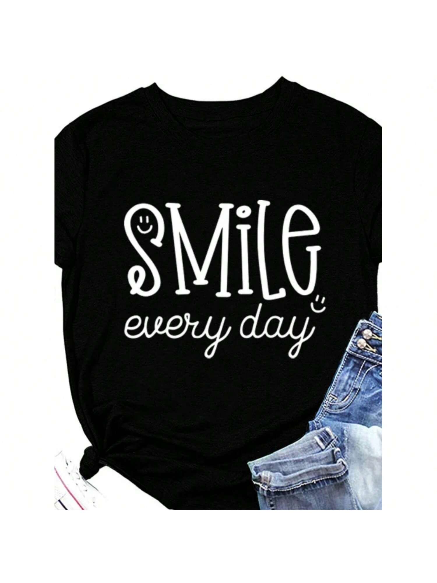 Smile Every Day Print T Shirt Short Sleeve O Neck Loose Tshirt Ladies Tee Shirt Tops Camisetas Mujer S разноцветный