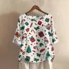 Women's Fashionable And Casual Shirt Half-sleeve Round Neck Print Cotton And Linen Blouse Top