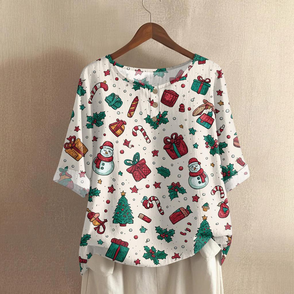 Women's Fashionable And Casual Shirt Half-sleeve Round Neck Print Cotton And Linen Blouse Top
