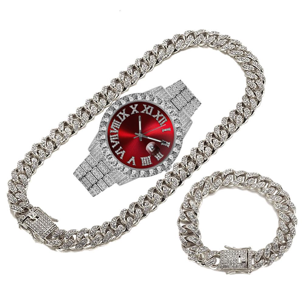 Bling Fully Iced Out Quartz Watch Necklace Bracelet Set Silver Gold Plated 13mm Chain Diamond Pointer Dial Men's