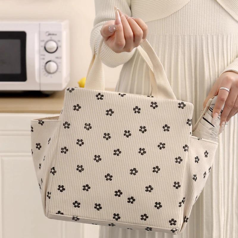 Corduroy Lunch Bag, Handheld Insulated Bag, Portable Lunch Box, Kids Multifunctional Storage Tote Bag, Camping Picnic Bag