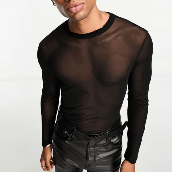 Men Mesh Top Ultra Thin See-through O Neck Long Sleeves Solid Color Stretchy Slim Fit Muscle-Enhancing Party Homewear Club Dance Performance T-shirt