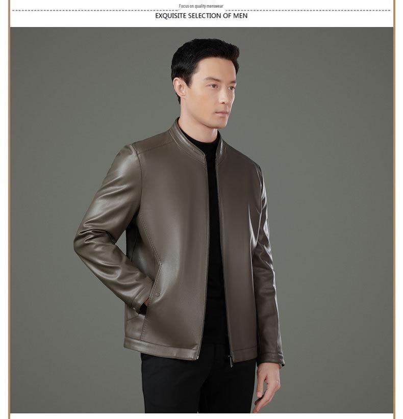 Men's Middle-Aged Business Casual Sheepskin Leather Jacket with Stand Collar and Plus Velvet Lining