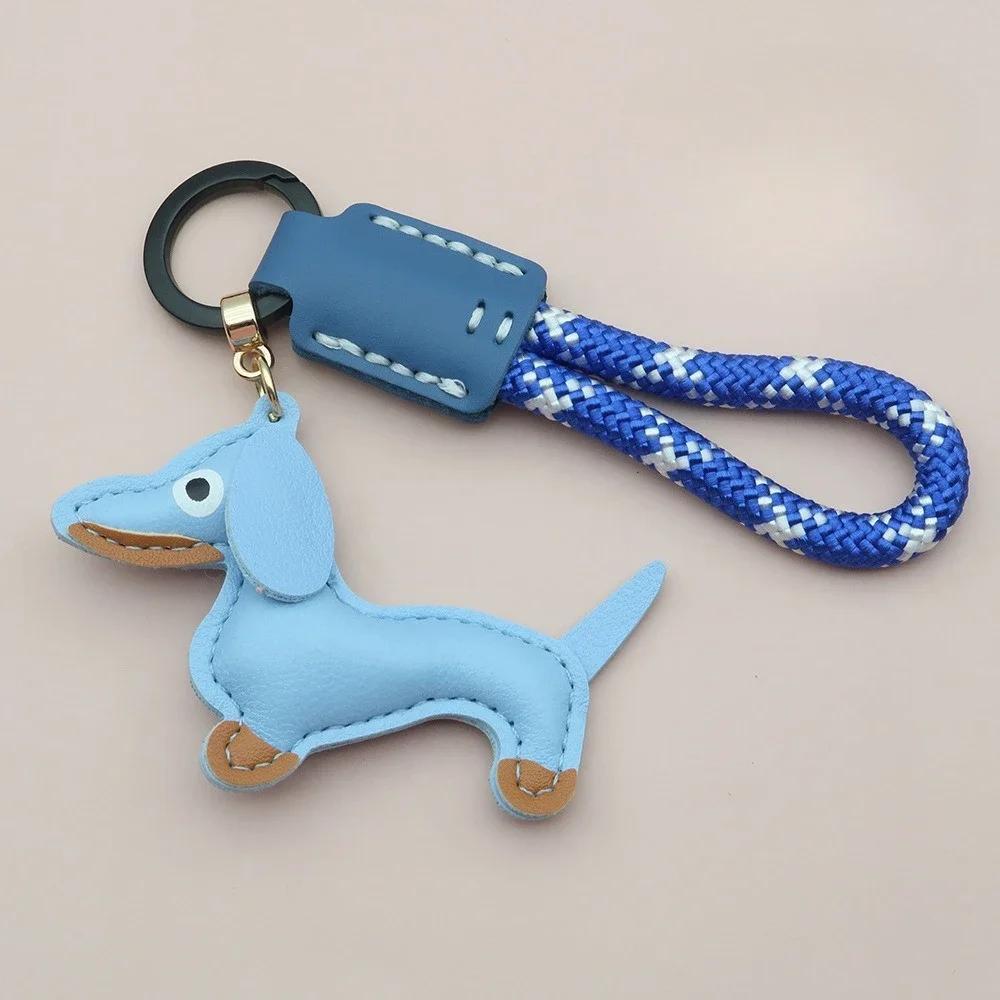 Custom Number Sausage Dog Leather Keychain Pendant Personalized Cartoon Keyring with Braid Rope Bag Car Key Ring