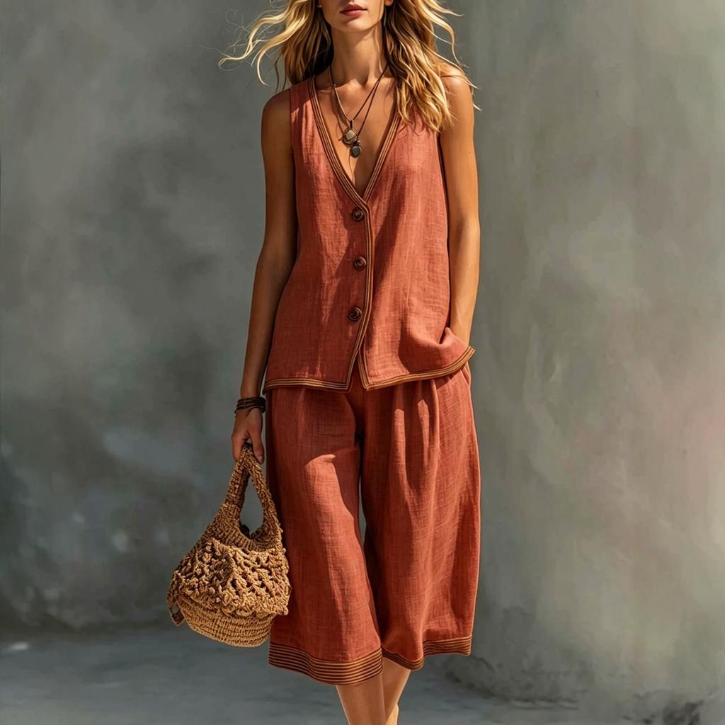 Women 2 Piece Outfit Sleeveless V Neck Button Vest & Capri Culottes Set Summer Holiday Casual Linen Look Suit