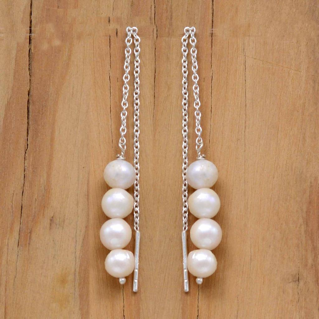 Pearl 925 Silver Threader Earrings, Natural Gemstone Women Handmade Fringe Earrings