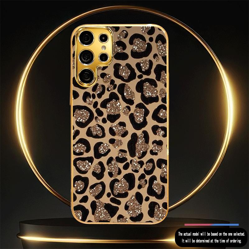 Sparkling Golden Glitter Leopard Print Textured Glass Phone Case for Galaxy s26 /S25/S24 Ultra/S23/S22/S21/S20 FE/S20 Ultra