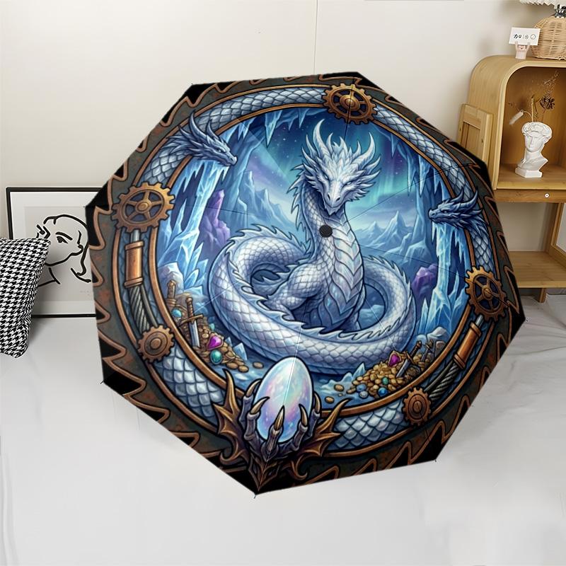 Steampunk Ice Dragon Emblem pattern umbrella, portable and foldable design, 8 ribs, a casual accessory for Halloween, Christmas, and birthday gifts.