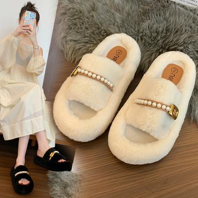Pearl Fluffy Slippers Women's Wear 2025 Autumn New Thick Bottom Internet Celebrity Fleece Cotton Mop Home Word Casual Hair Mop