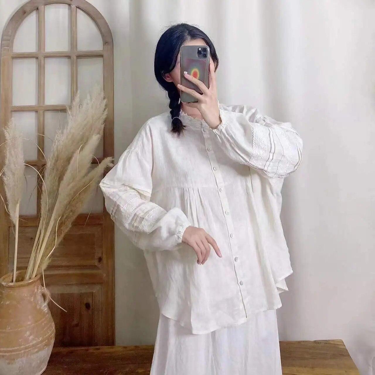 

Винтажные женские рубашки Johnature, весенние свободные однотонные лоскутные кружевные блузки с воротником в японском стиле Mori One Size бежевый