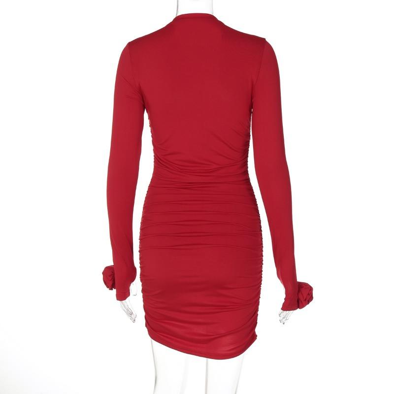 Women's Fall Fashion Floral Embellished Long-sleeved Pleated Slim-fit Hip Wrap Dress