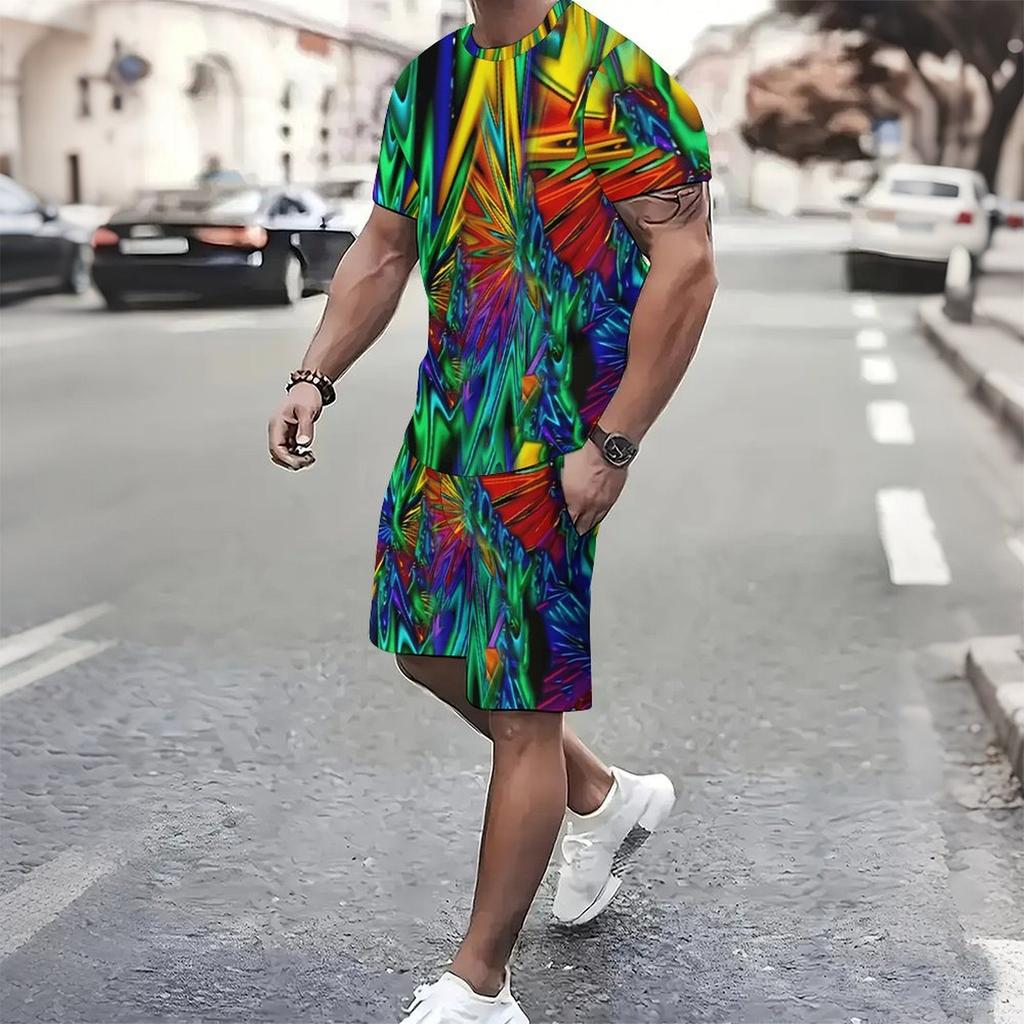 Men Black Gold Ethnic Peacock Border Print Short Sleeve Tee And Matching Shorts Two Piece Outfit