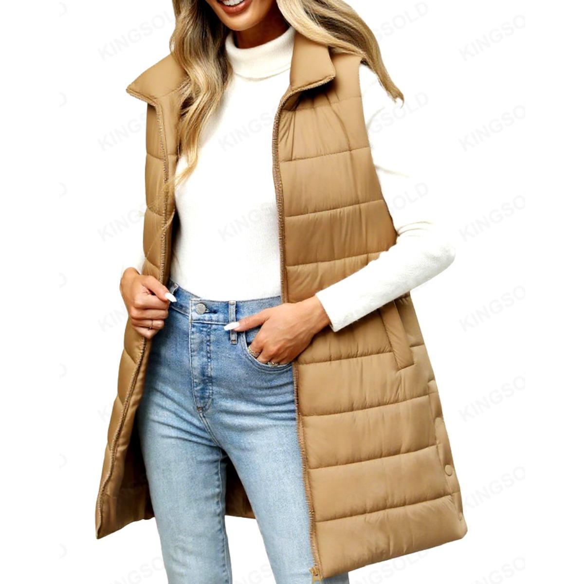

2025 Autumn Winter Women s Plus Size Solid Color Cotton Vest Coat Mid-Length with Zipper Pockets for Europe America XXL хакі