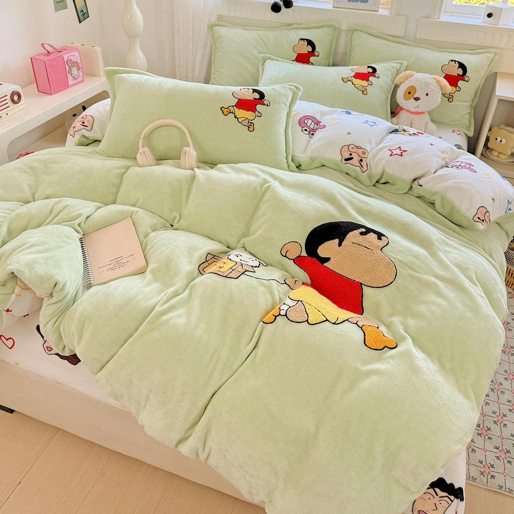 2026 Embroidered Milk Velvet Cartoon Towel Quilt Set - 4 Pieces, Double-Sided for Warmth