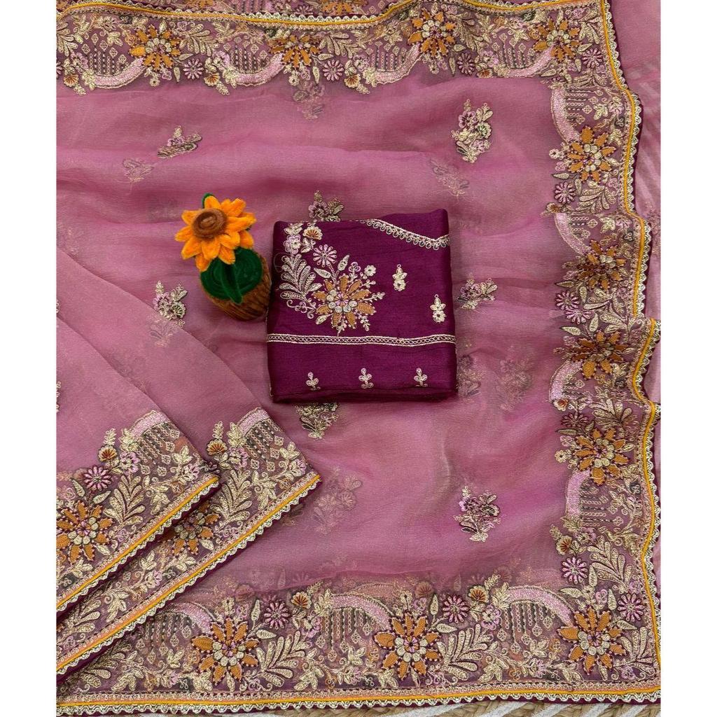 Premium soft zippy silk with c pallu multi thread and zari embroidery work with readymade lace and piping border
