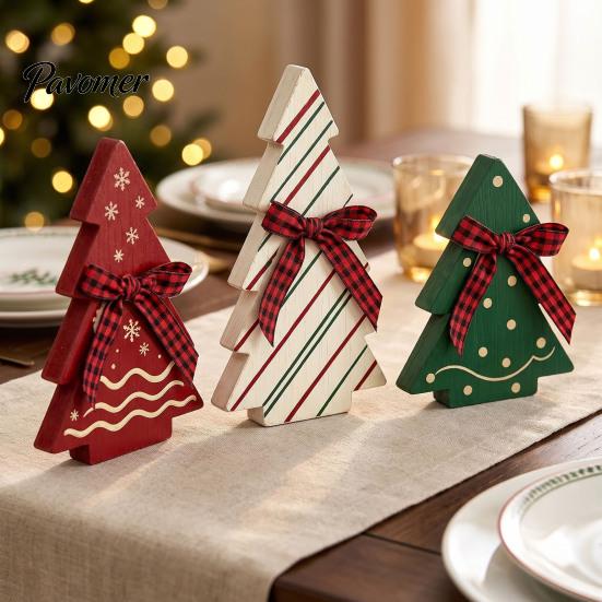 Vintage Country Style Home Accents 3Pcs Wooden Christmas Tree Ornaments with Plaid and Hemp Rope Bow, Rustic Farmhouse Small Figurines Polka Dot Xmas