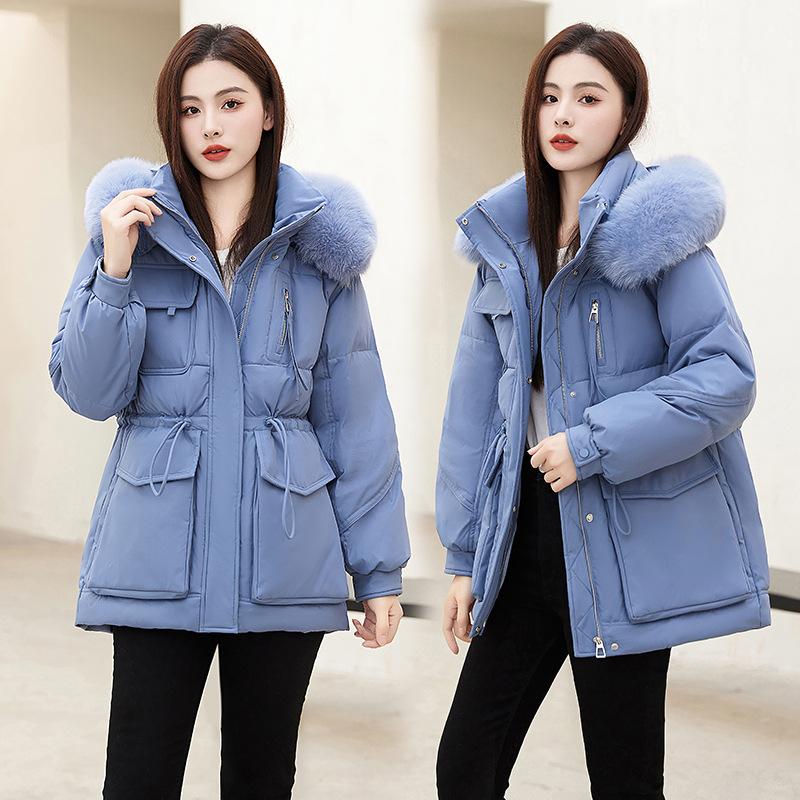 

Большой меховой воротник пуховик женский новый капюшон утолщенный средней длины белый утиный пух тонкое пальто зима XL