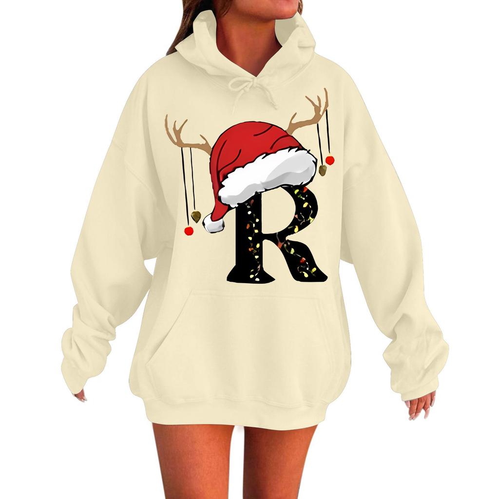 Ladies Fashion Casual Long Sleeve Printed Round Neck Hoodie Pullover Top With Pockets