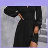 Polyester Vneck Lantern Sleeve Dress With Pleats For Casual And Party Wear
