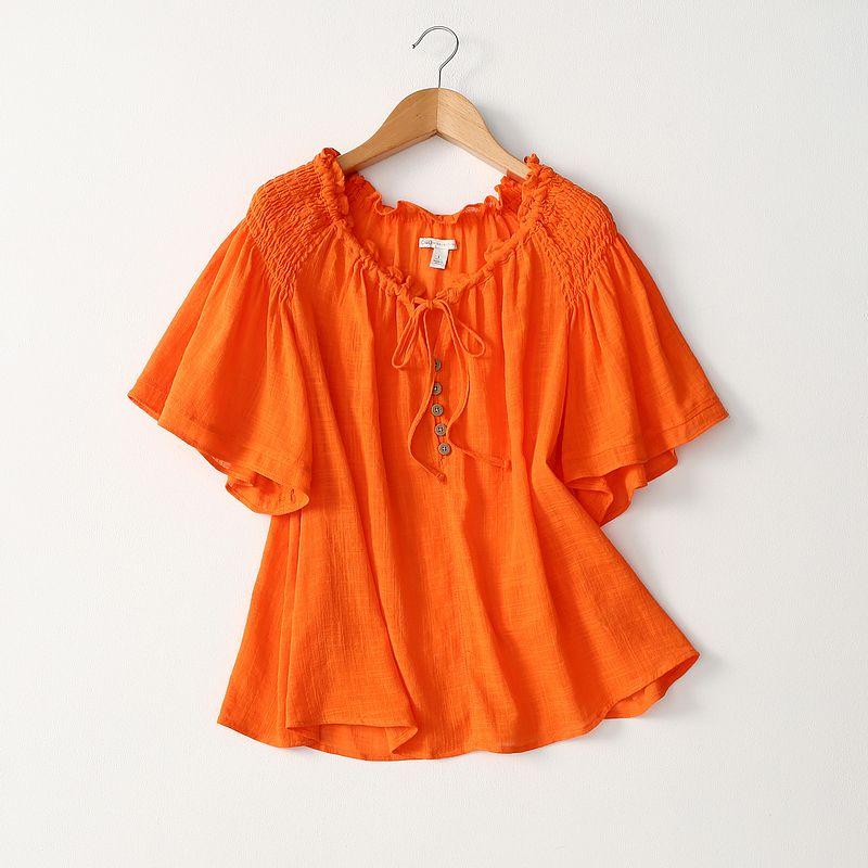 

Foreign Trade Original Order Lace Pleated Cotton Pullover Shirt Summer Younger Short Sleeve Doll Shirt Export Plus Size Women s Clothing Orange Eurocode -26-28W