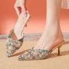 Fashion Luxury String Bead Decoration Design Brand High Heel Slippers Women Shiny Rhinestone Slide Sandals Elegant Wedding Bridal Shoes